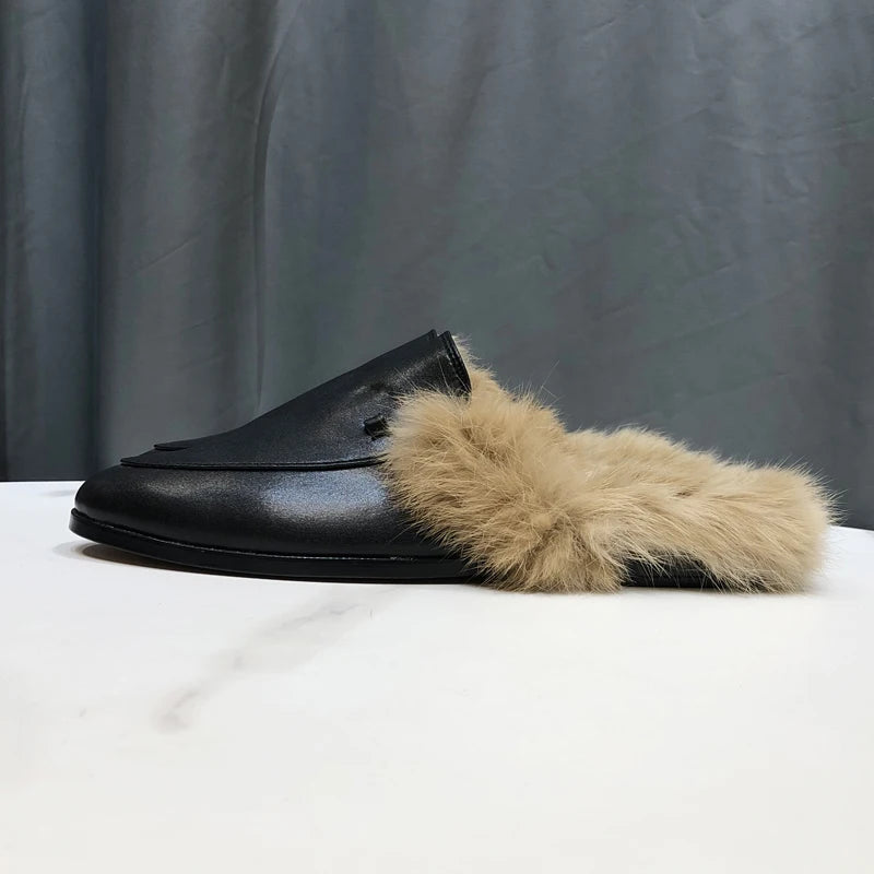 Mule fourrée unie pour femme, coloris Noir cuir