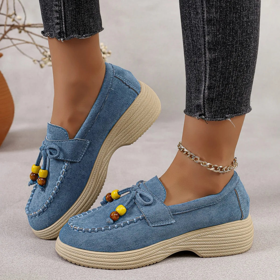 Mocassins à plateforme, nœud et perles pour femme, coloris Bleu
