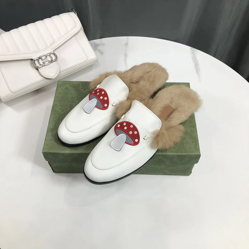 Mule fourrée à champignons pour femme, coloris Blanc cuir