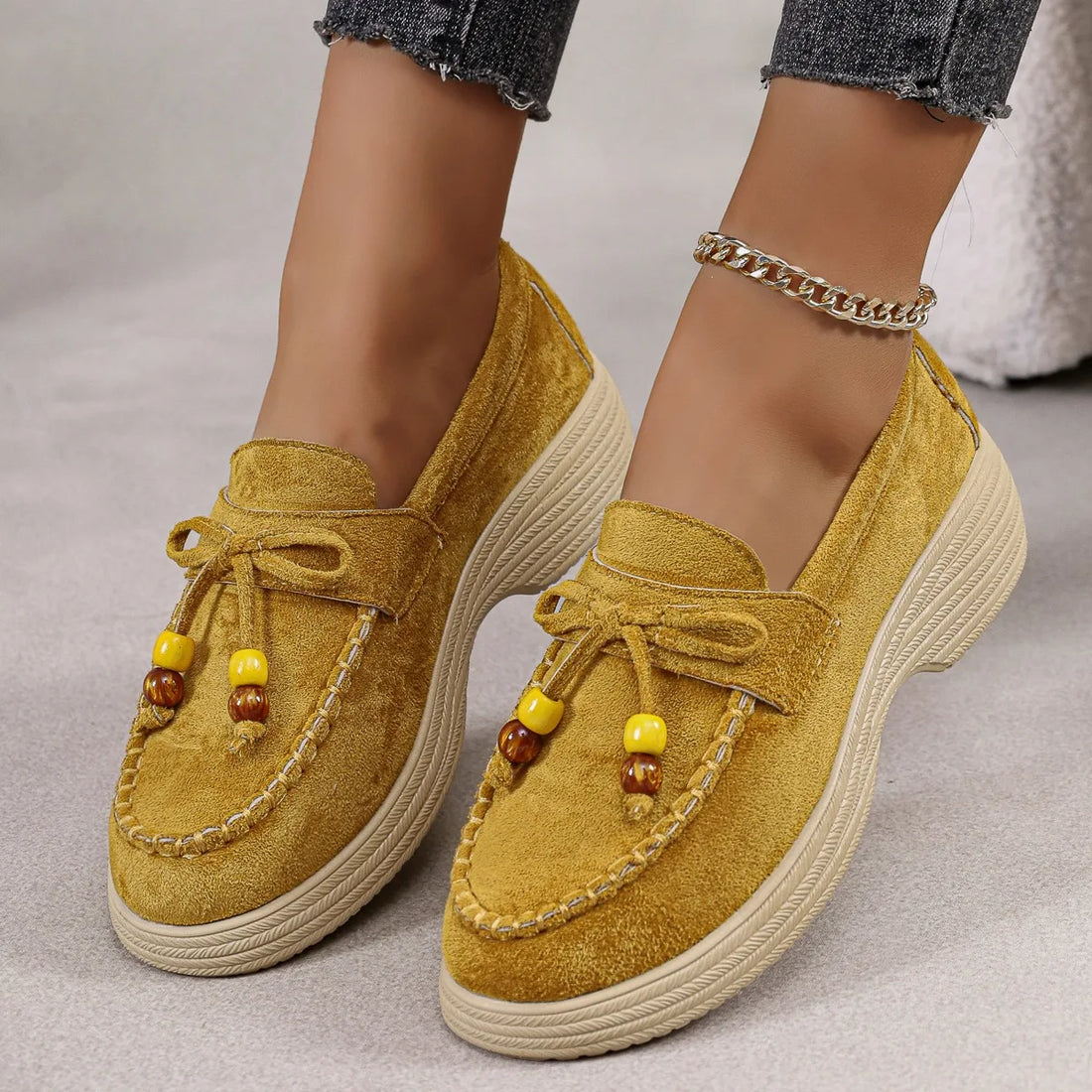 Mocassins à plateforme, nœud et perles pour femme, coloris Jaune