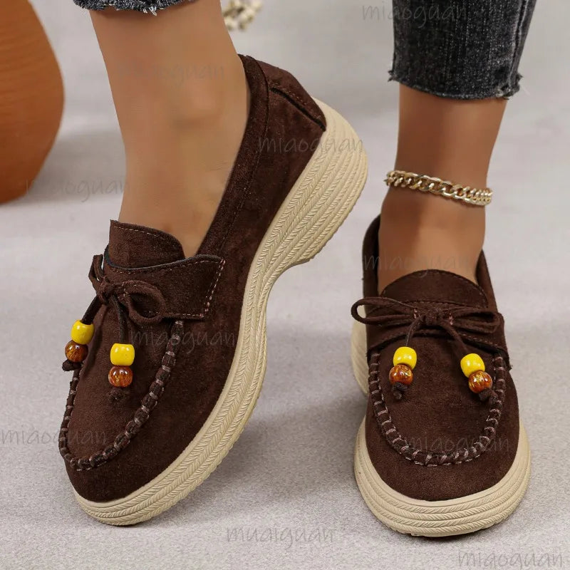 Mocassins à plateforme, nœud et perles pour femme