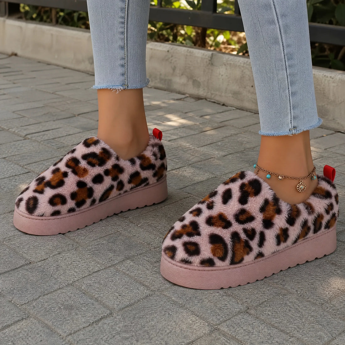 Mocassin mule fourrée léopard à plateforme pour femme, rose