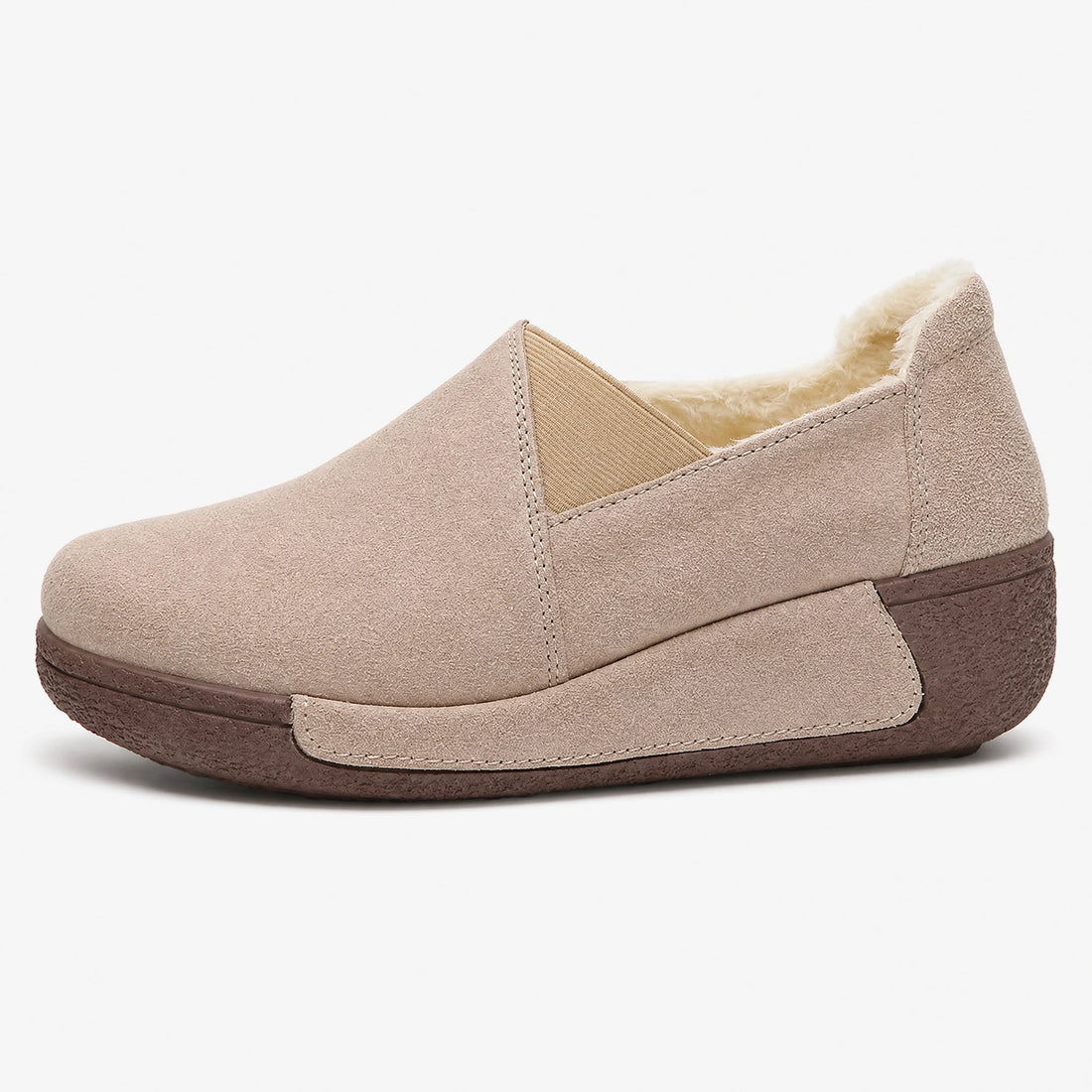 Mocassin Femme Daim Beige Doublé Polaire à Semelle Compensée - Fond neutre