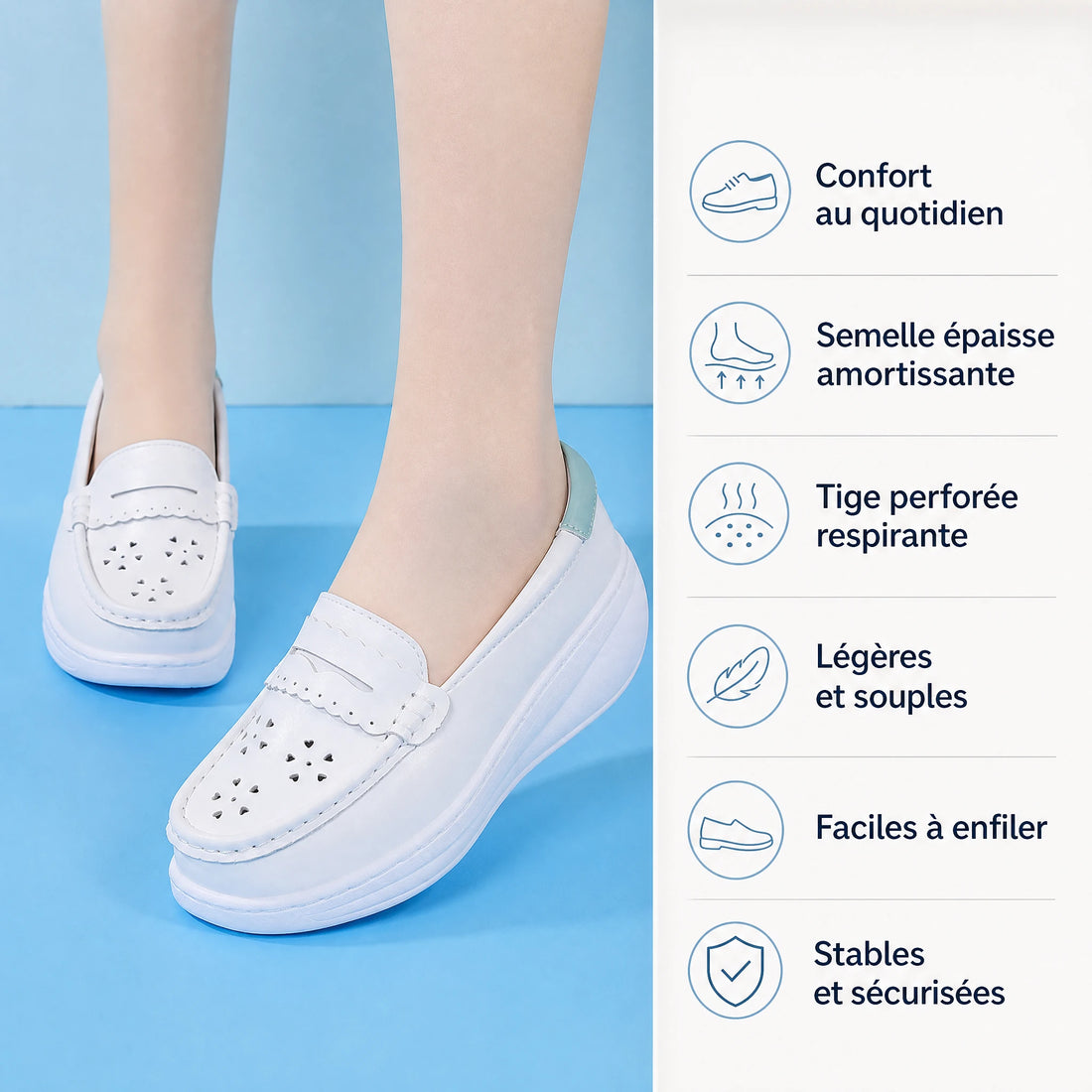 Mocassin Femme Semelle Compensée Blanc Ajouré en Cuir - Bénéfices produit