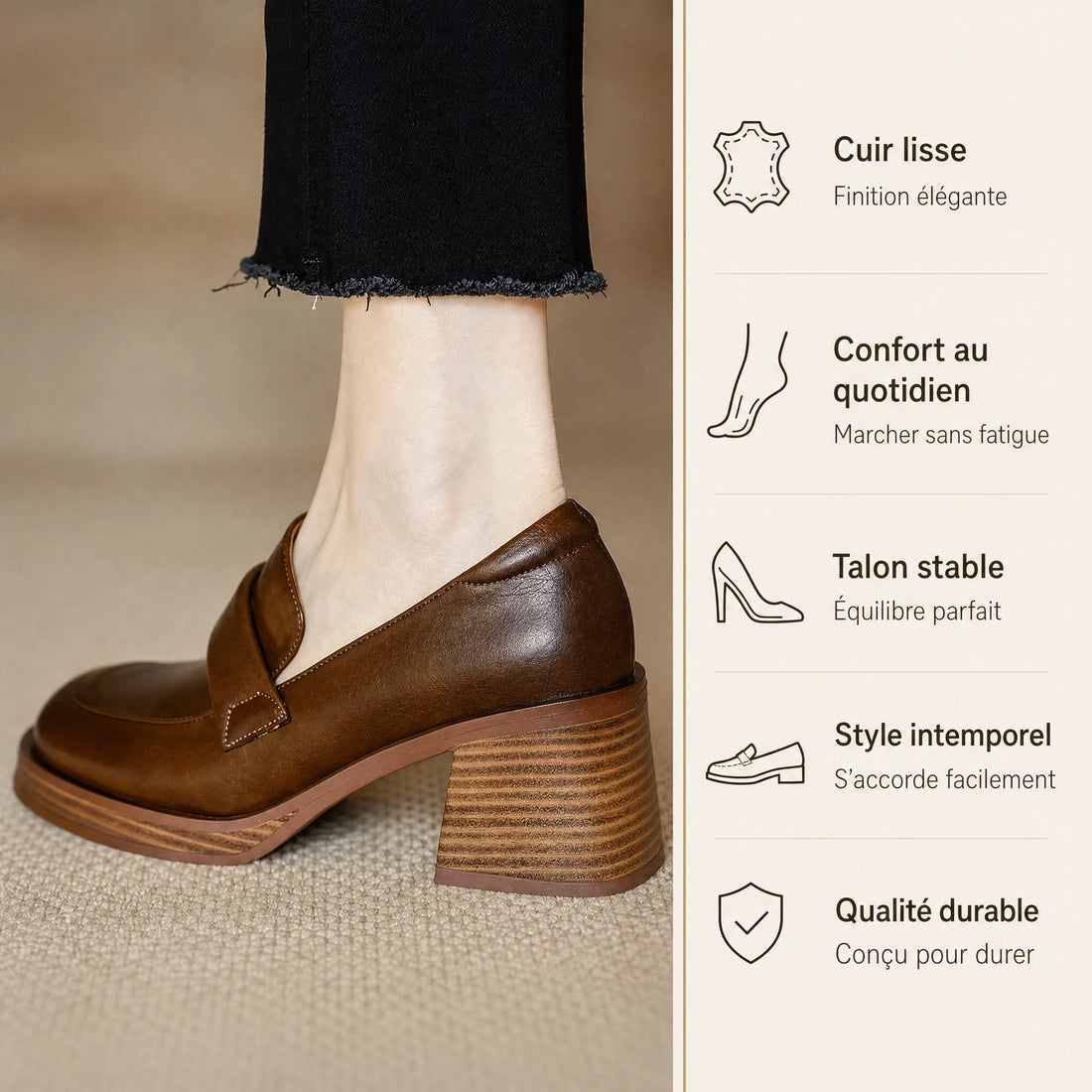 Mocassin Femme Talon Carré et Semelle Épaisse - Bénéfices produit