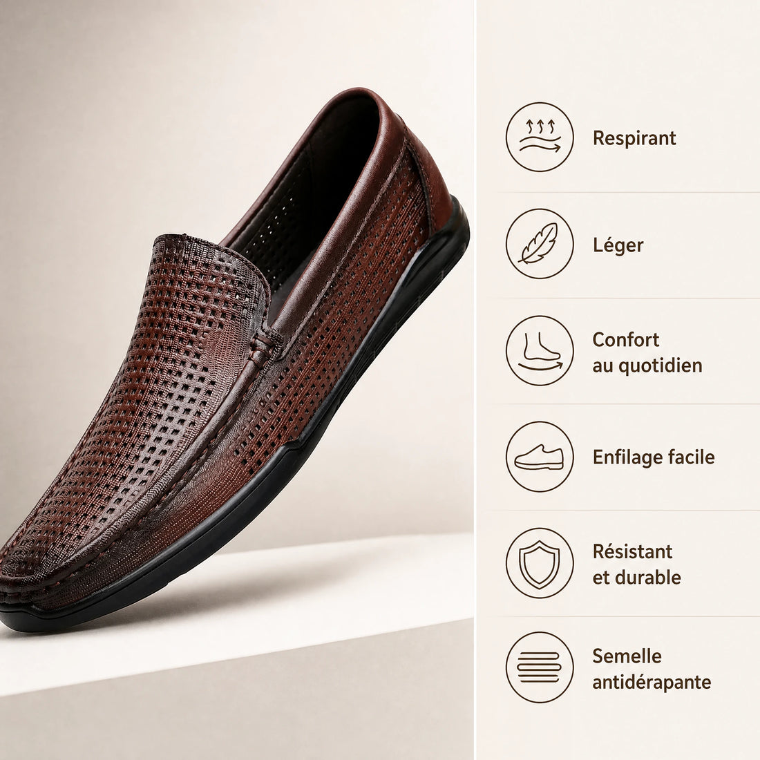 Mocassin homme cuir souple ajouré, confort respirant - Bénéfices produit