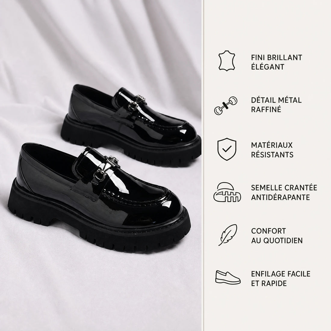 Mocassin noir homme vernis à semelle épaisse crantée - Bénéfices produit