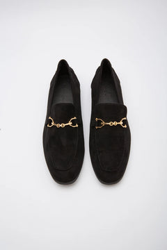 Mocassin femme barrette dorée en daim synthétique camel, Noir