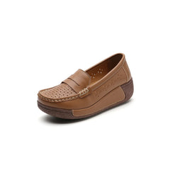 Mocassins compensés perforés en cuir pour femme, Marron