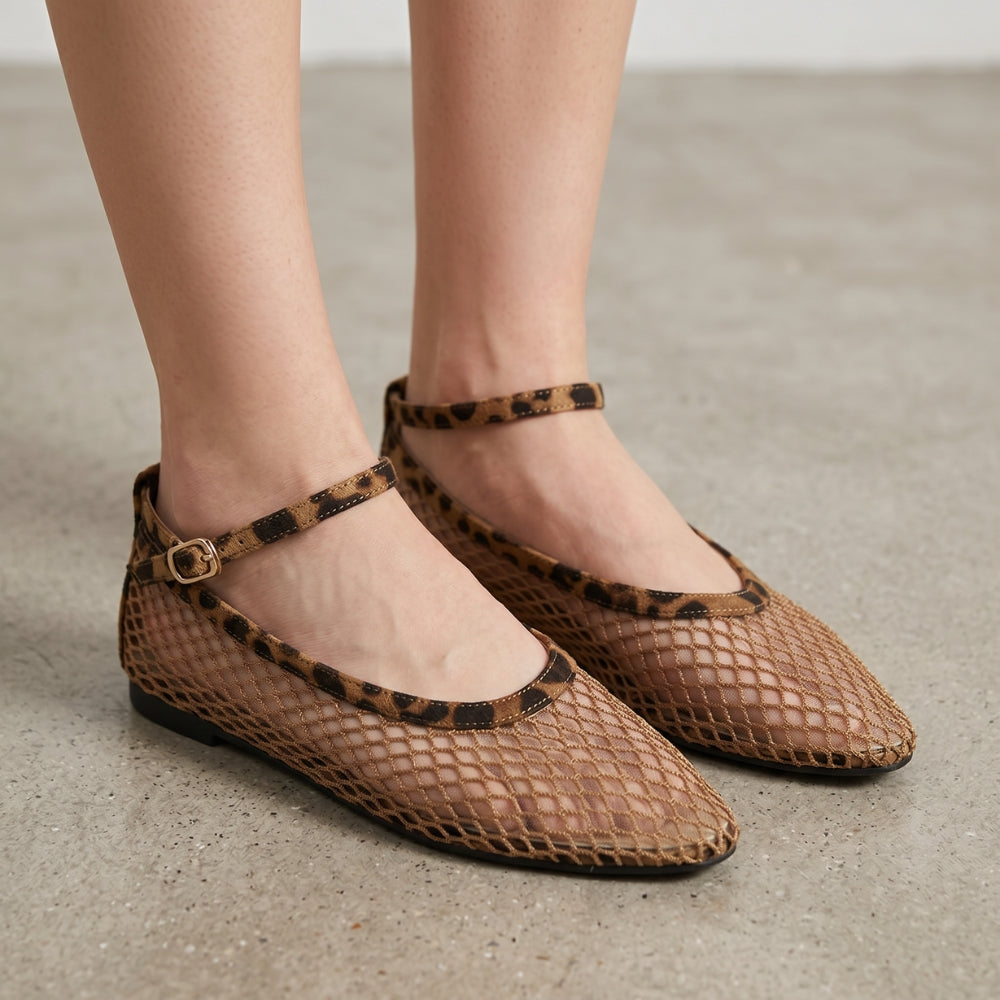 Mocassin ballerine filet pour femme imprimé léopard à bride