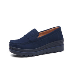 Mocassins femme en daim avec semelles compensées, Bleu marine