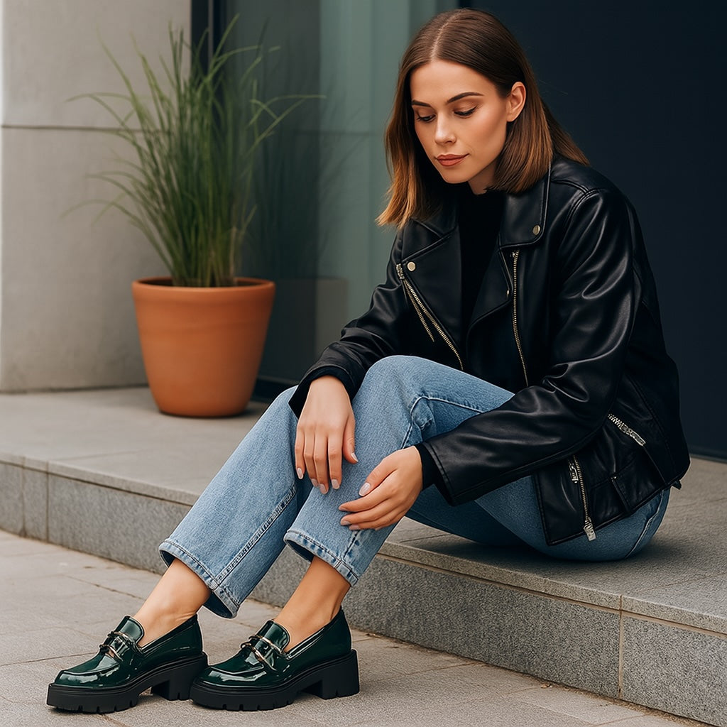 Mocassins vernis à talons et semelle épaisse