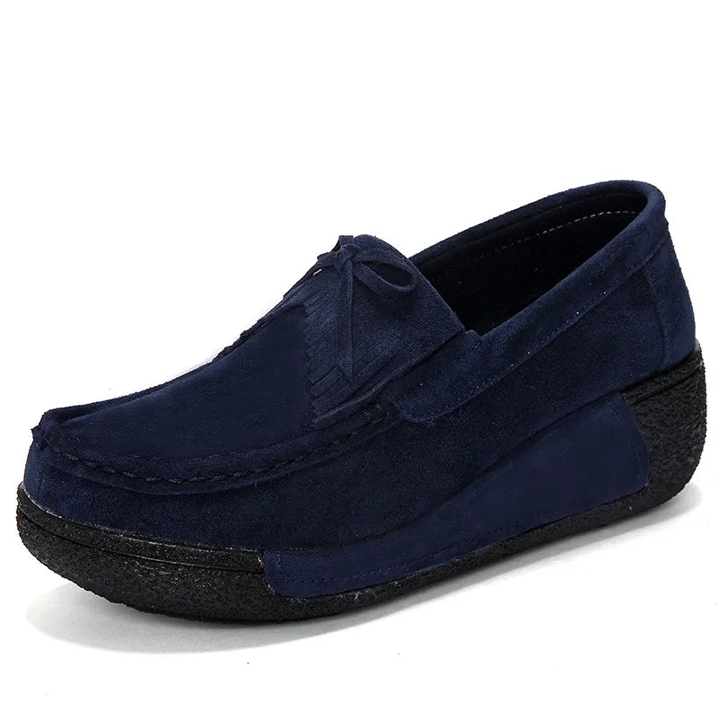 Mocassins compensés à franges en daim