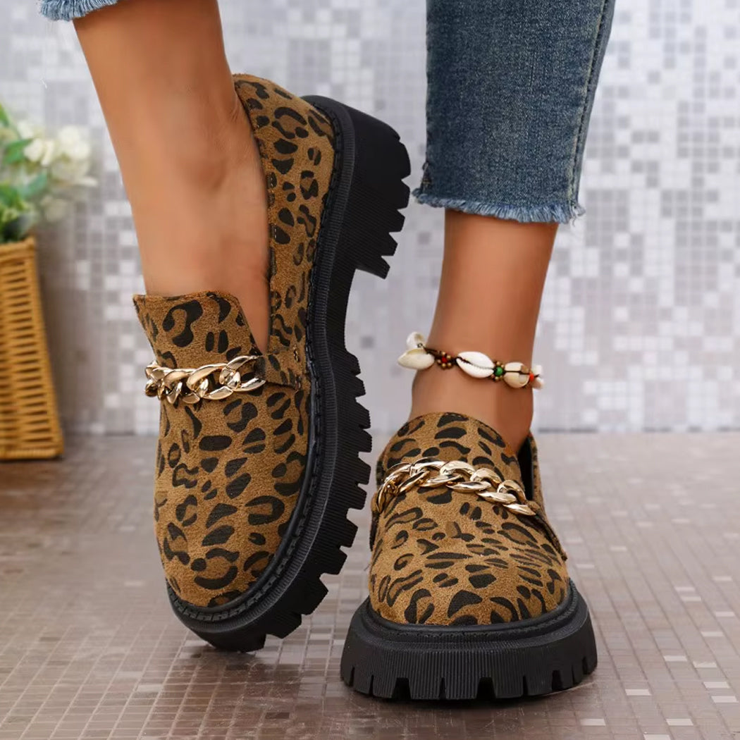 Mocassin léopard en daim et chaine