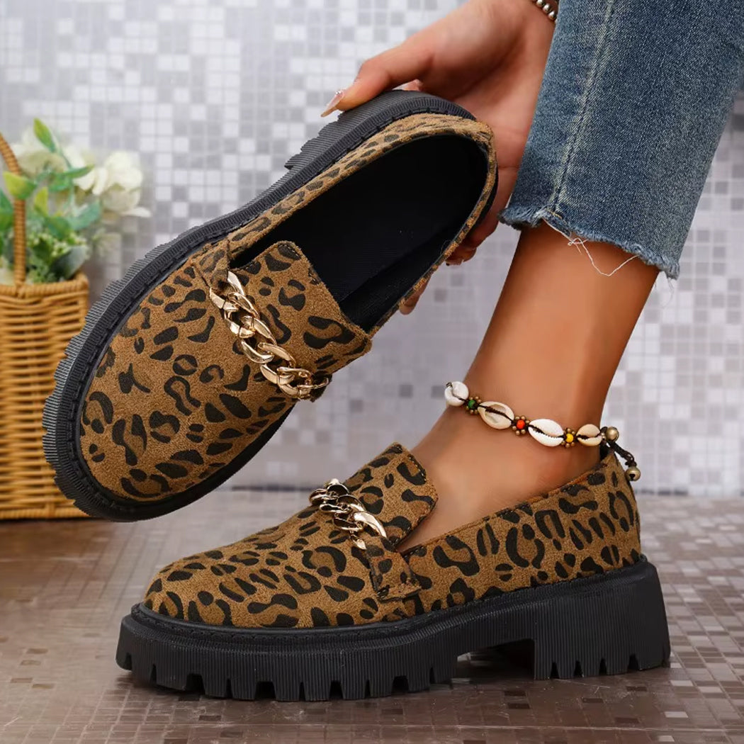 Mocassin léopard en daim et chaine