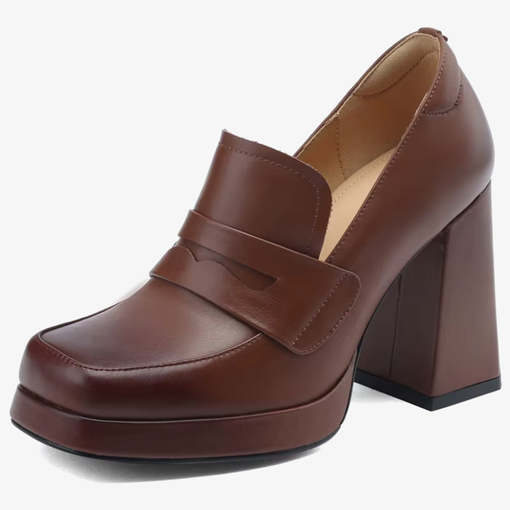 Mocassin a talon haut en cuir marron