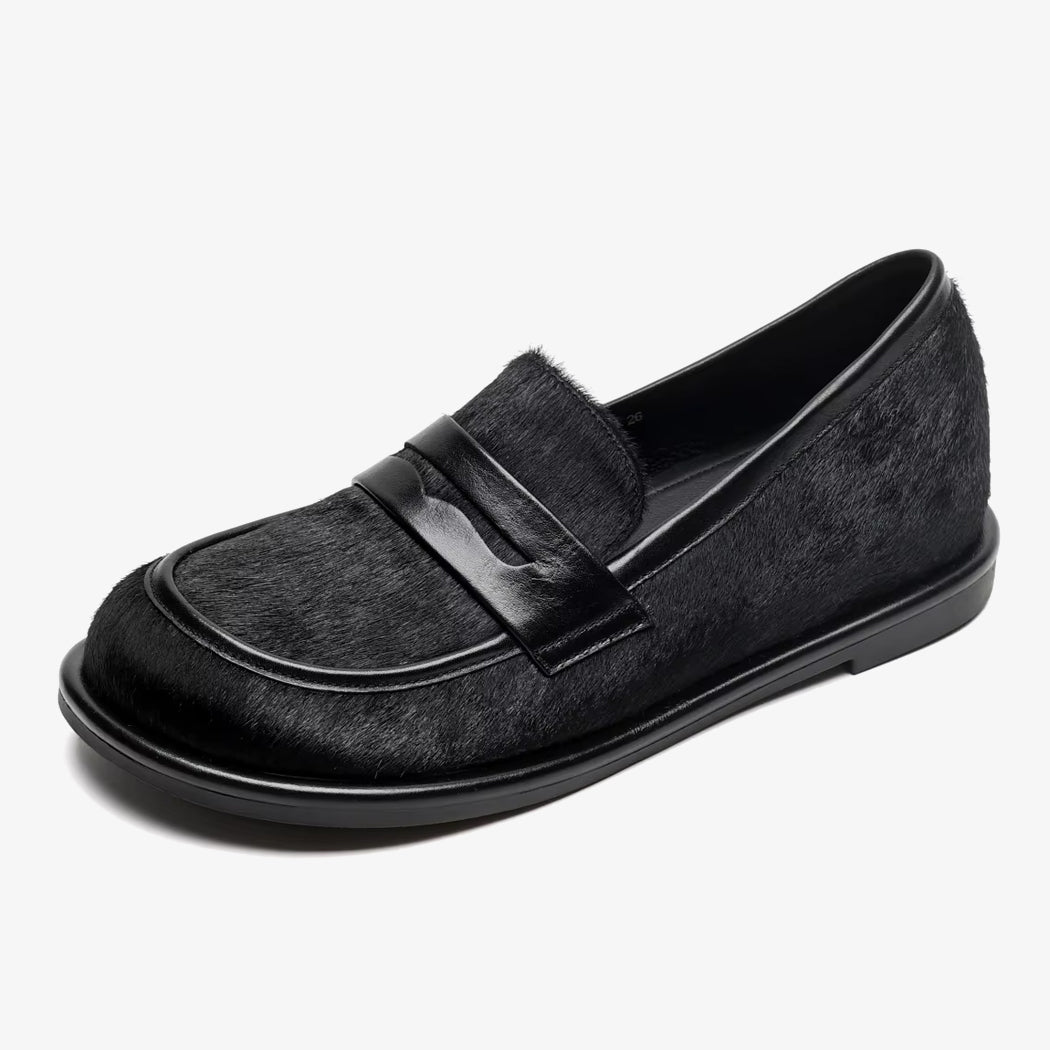 Mocassin noir en cuir et crin de cheval
