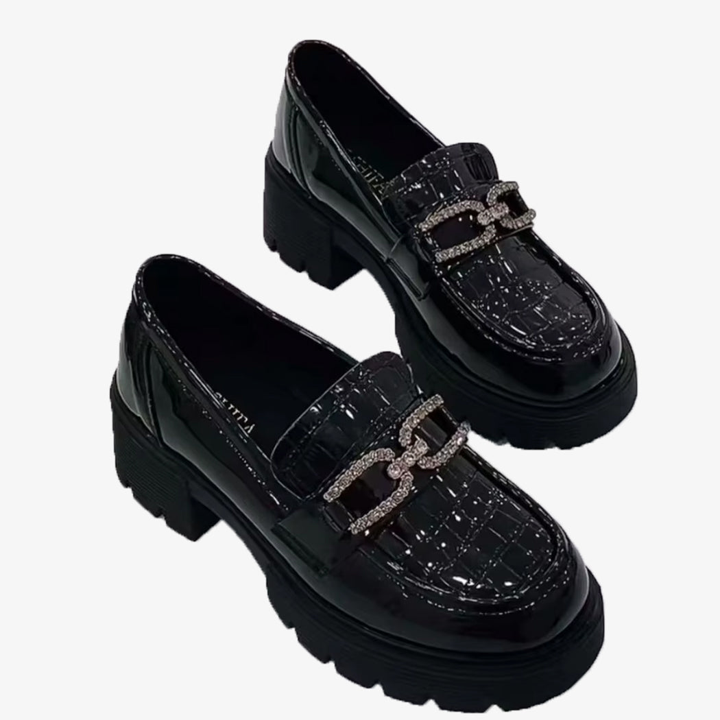 Mocassins plateforme noirs vernis effet croco et chaine à strass