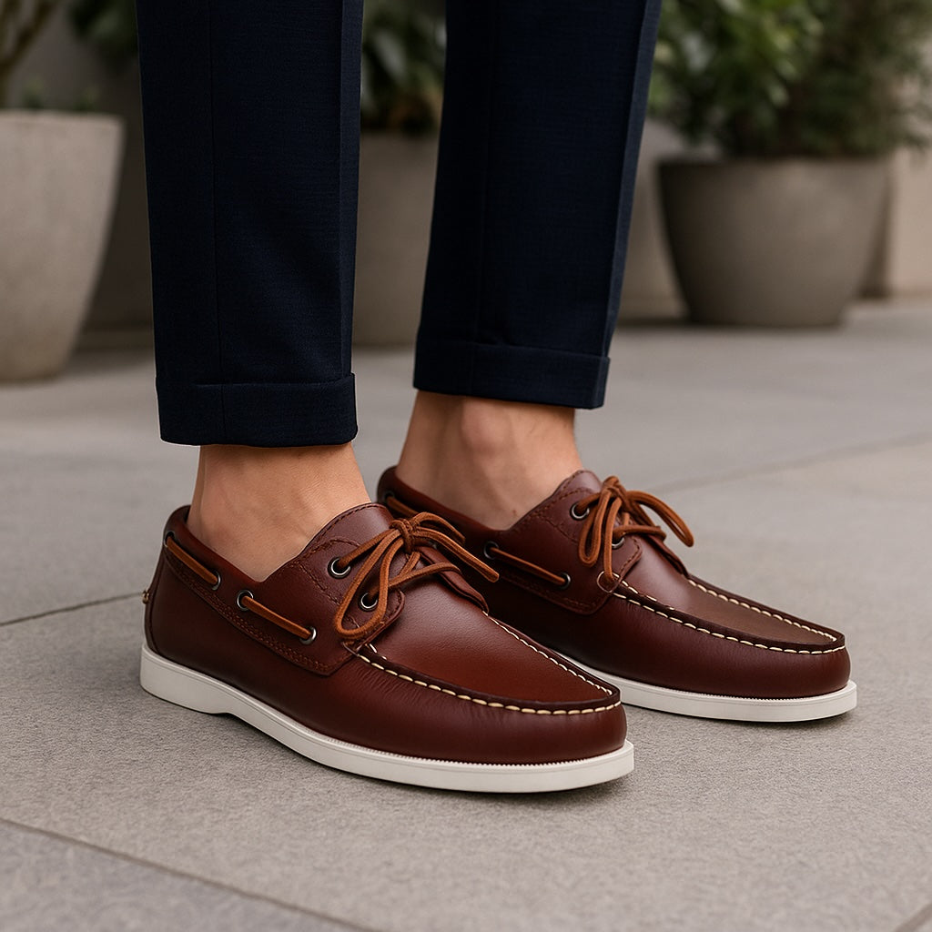 Mocassins bateau à lacets en cuir véritable pour homme