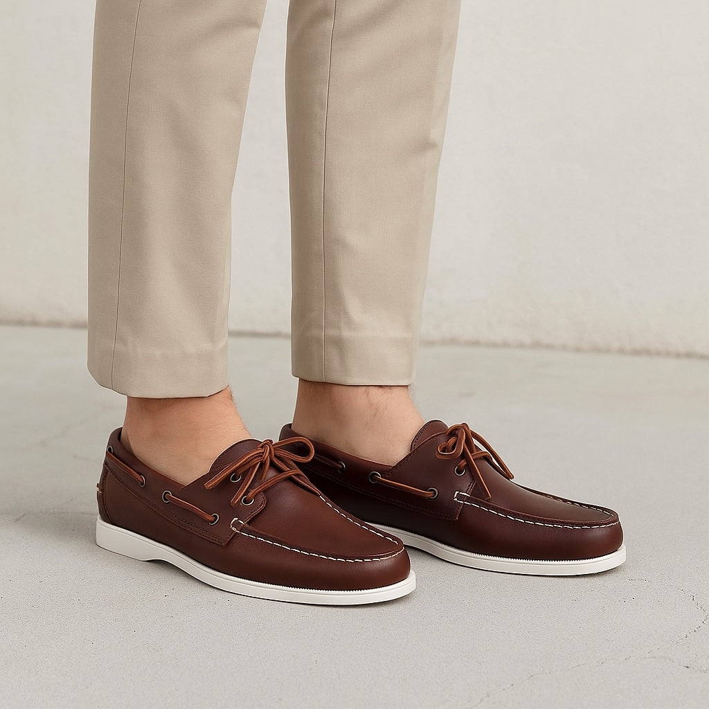 Mocassins bateau à lacets en cuir véritable pour homme