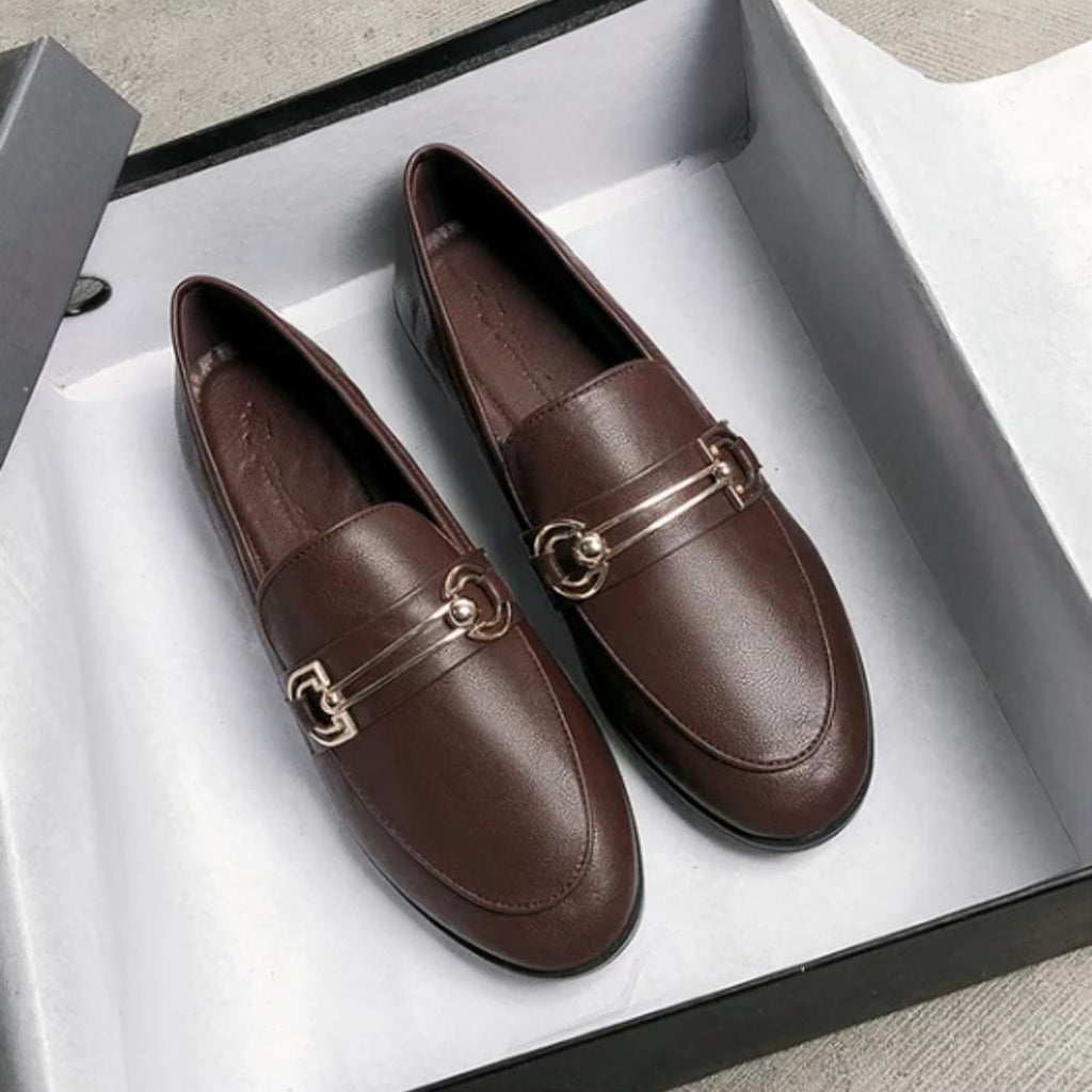 Mocassins élégants à talons carrés en cuir synthétique pour femme