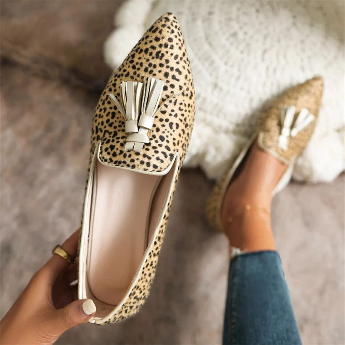 Mocassins femme léopard à glands