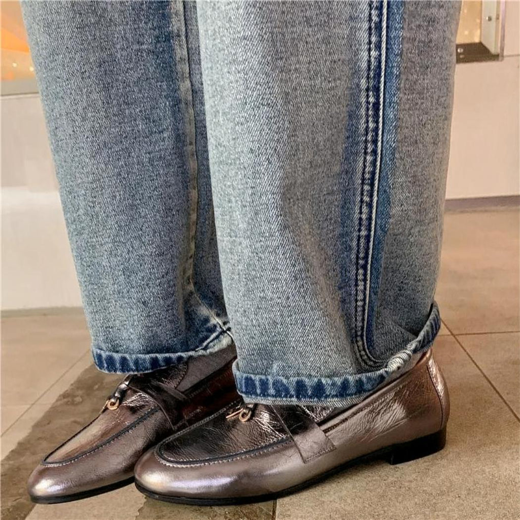 Mocassins à gland argentés pour femme en cuir véritable