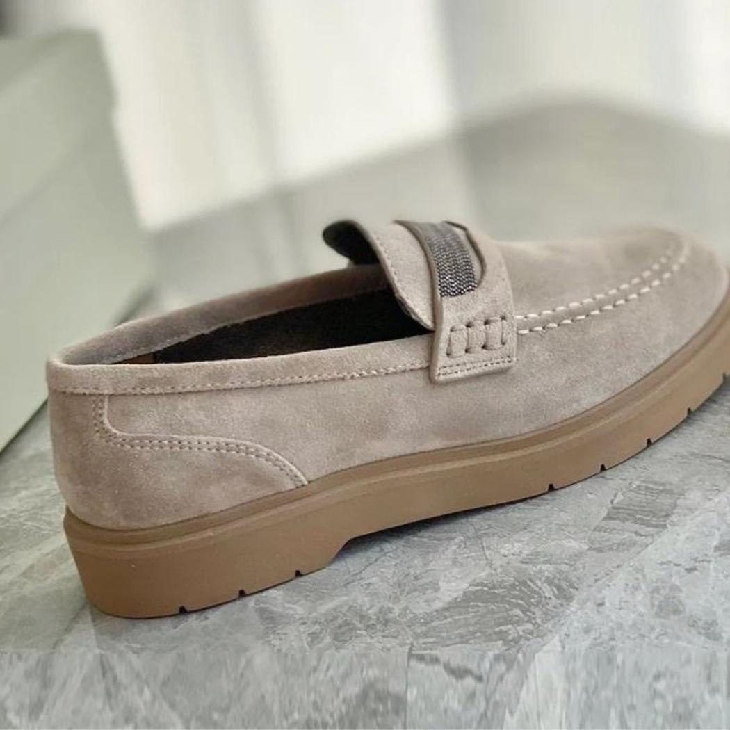 Mocassins gris pour femme en daim véritable