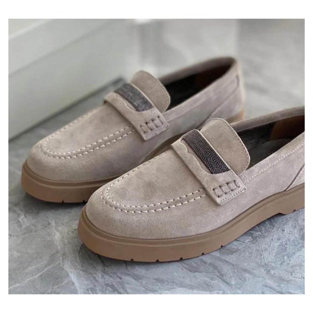 Mocassins gris pour femme en daim véritable