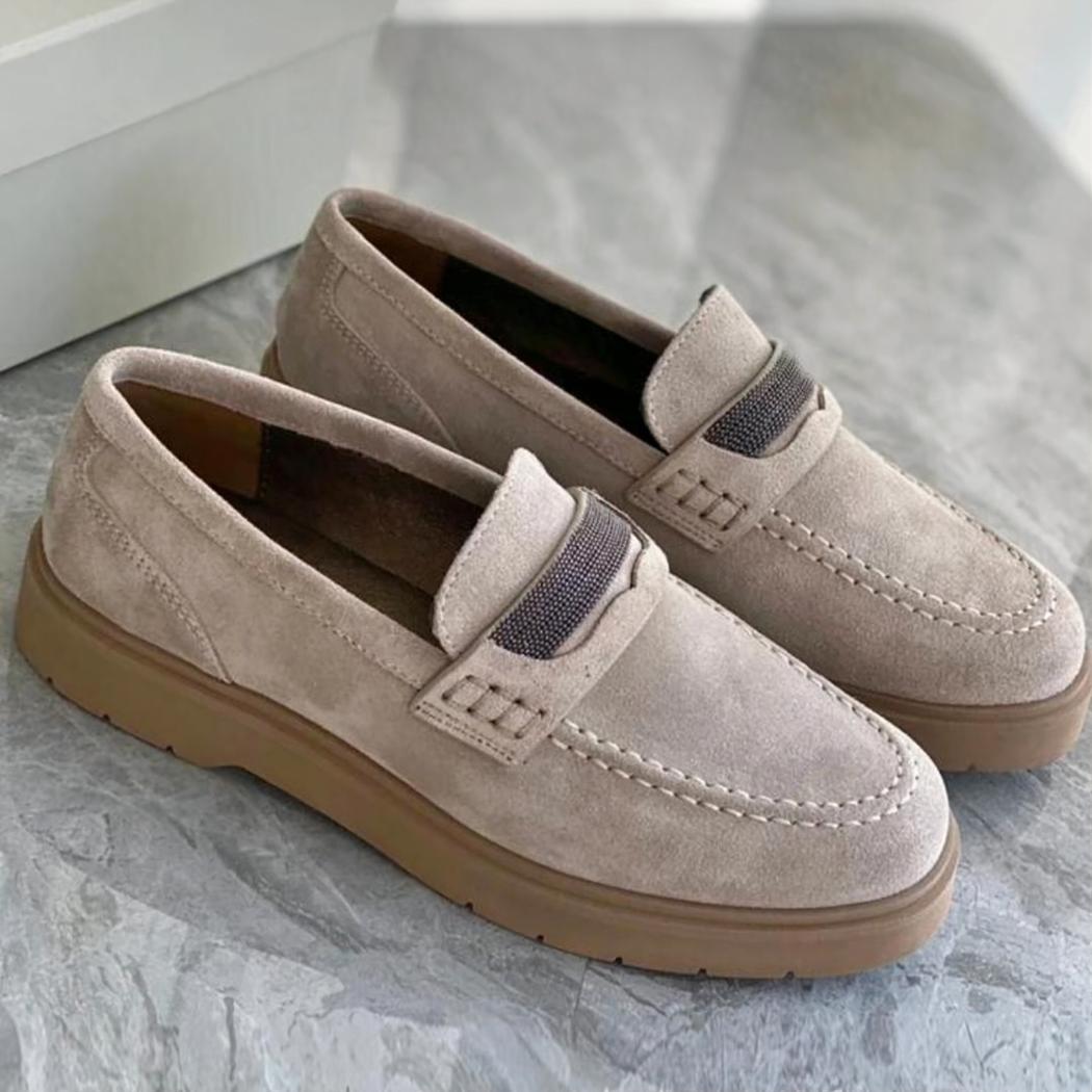 Mocassins gris pour femme en daim véritable