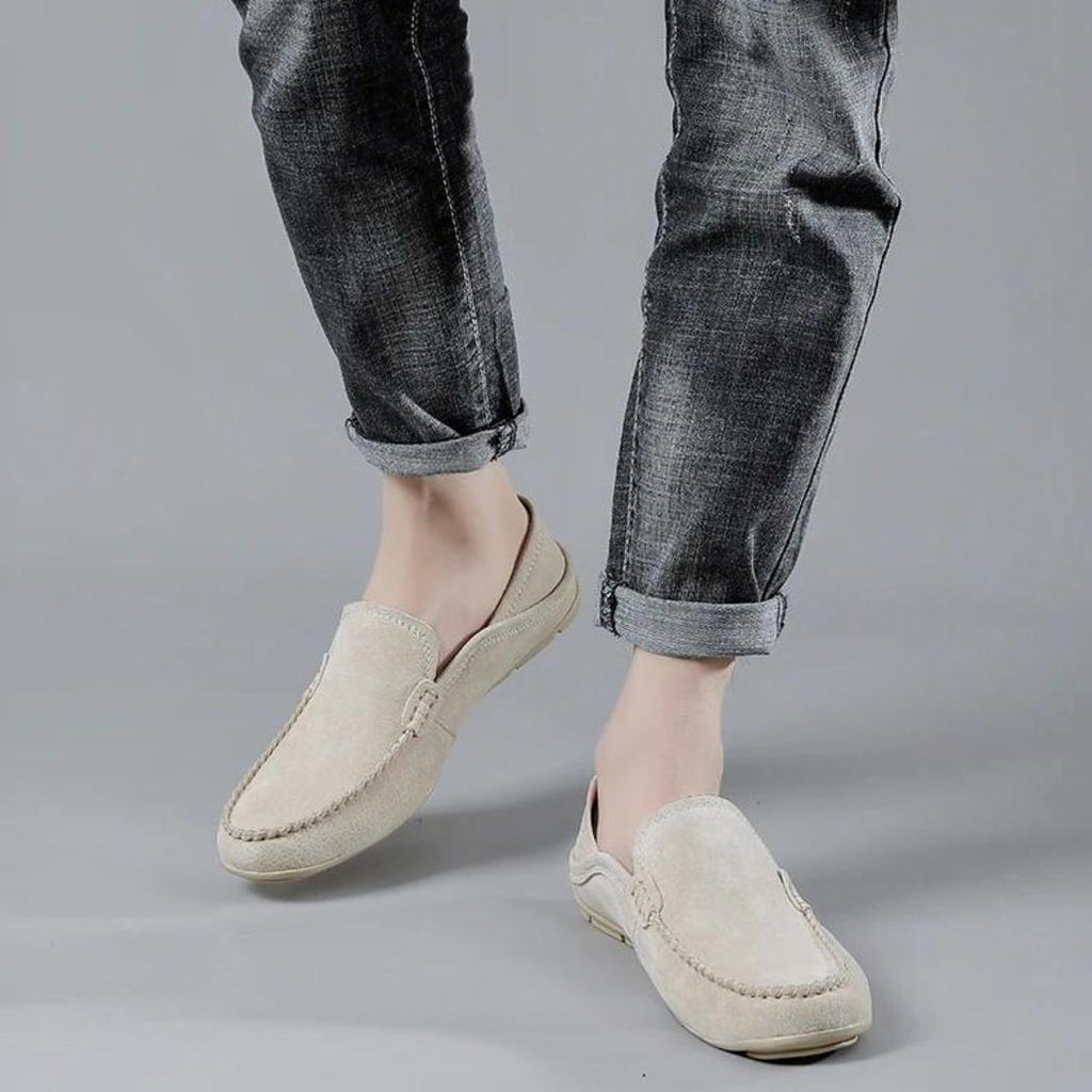 Mocassins pour homme en cuir véritable de couleur beige ou marron