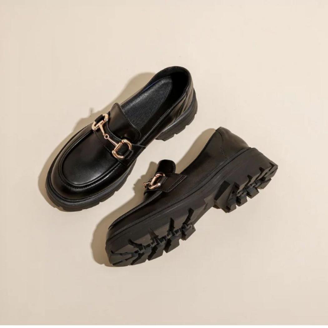 Mocassins noirs à talon carré avec morsetti simple pour femme