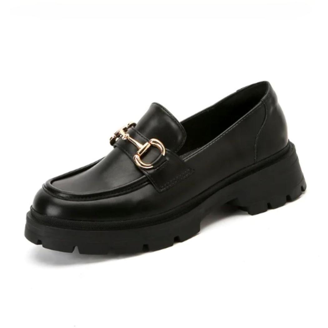 Mocassins noirs à talon carré avec morsetti simple pour femme