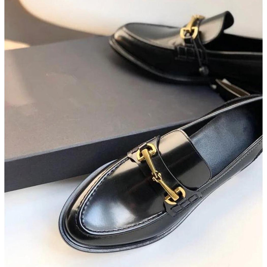Mocassins noirs à talons carrés en cuir véritable pour femme