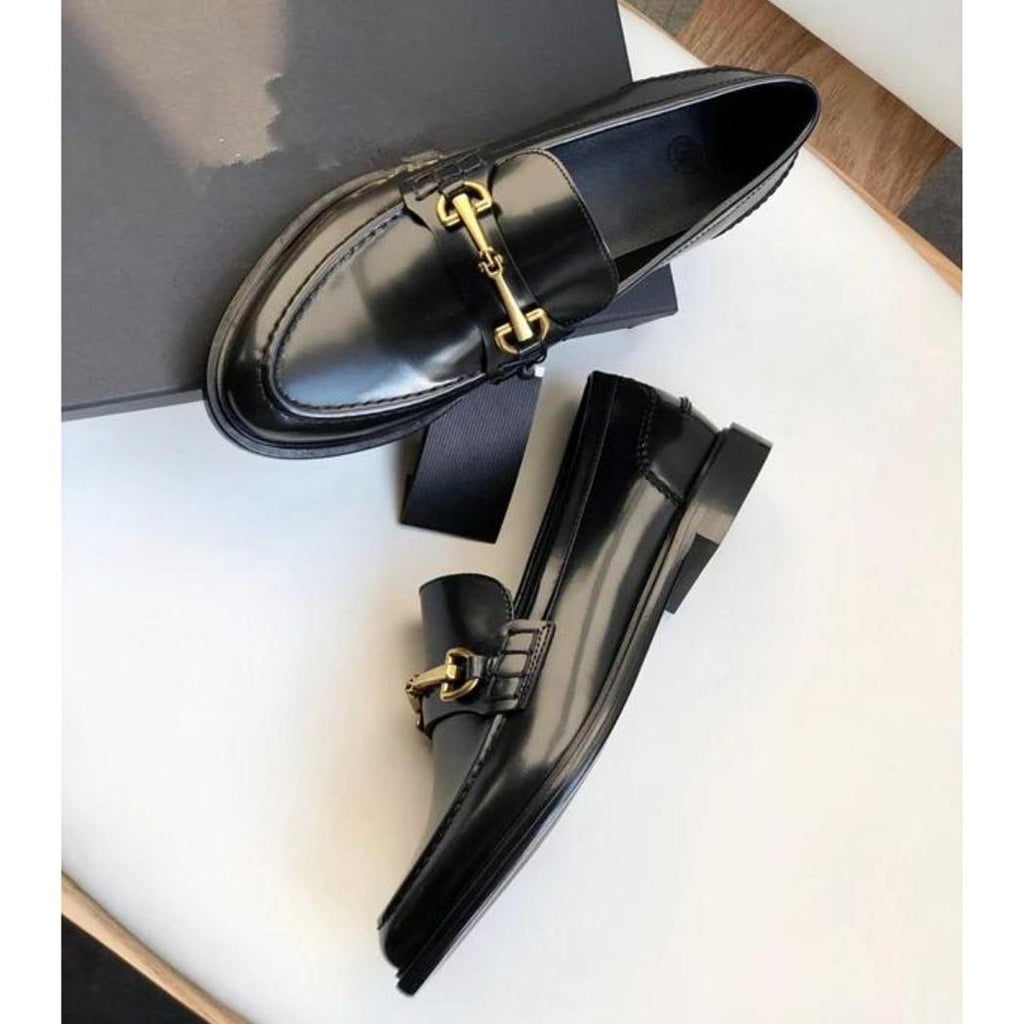 Mocassins noirs à talons carrés en cuir véritable pour femme