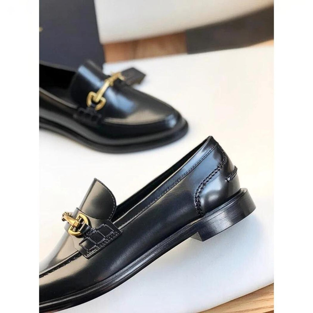 Mocassins noirs à talons carrés en cuir véritable pour femme