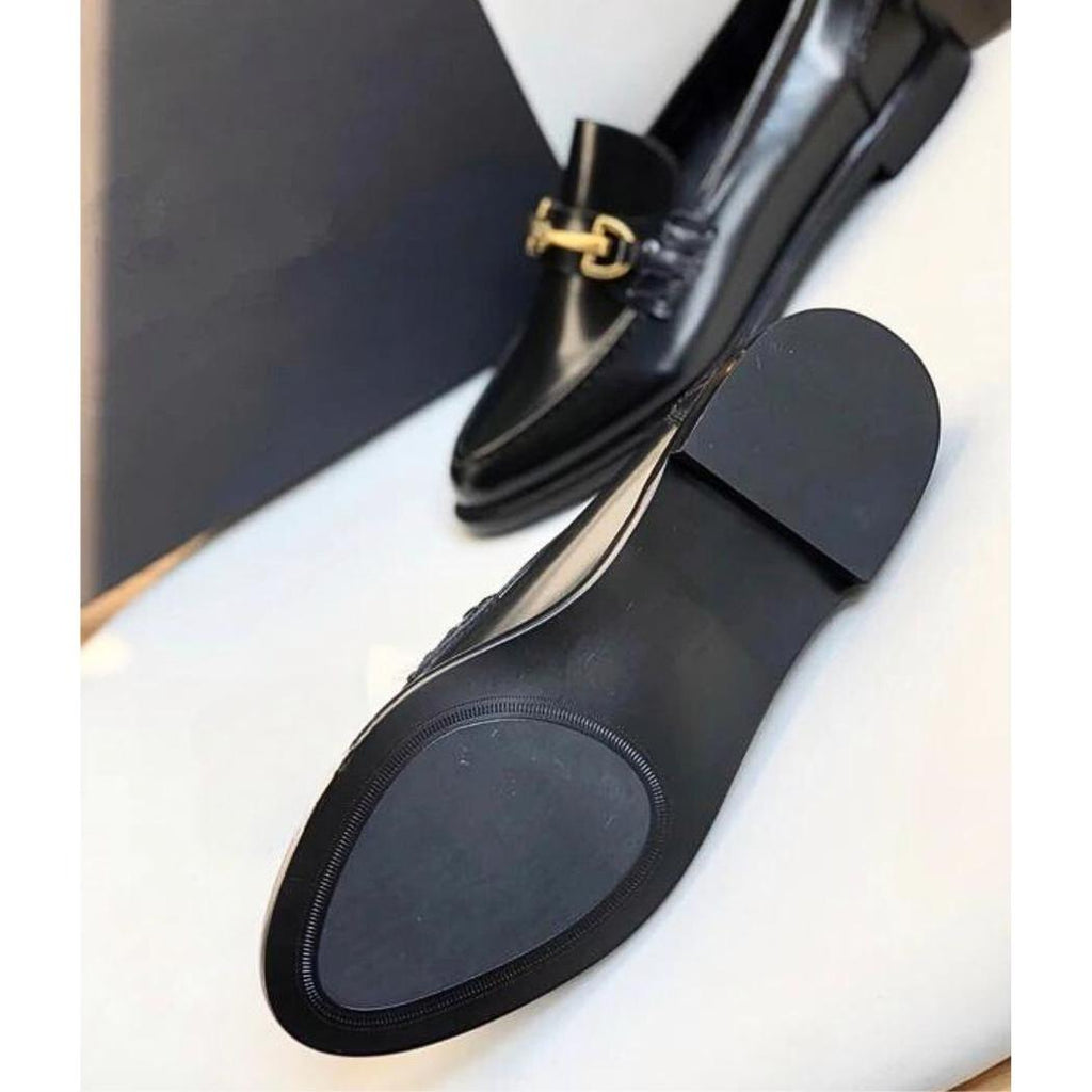 Mocassins noirs à talons carrés en cuir véritable pour femme