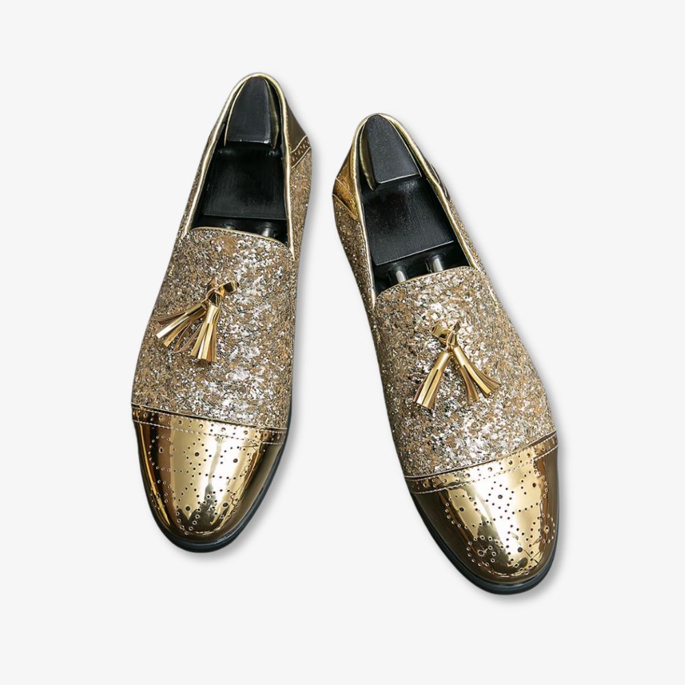 Mocassins de soirée dorés vernis et pailletés