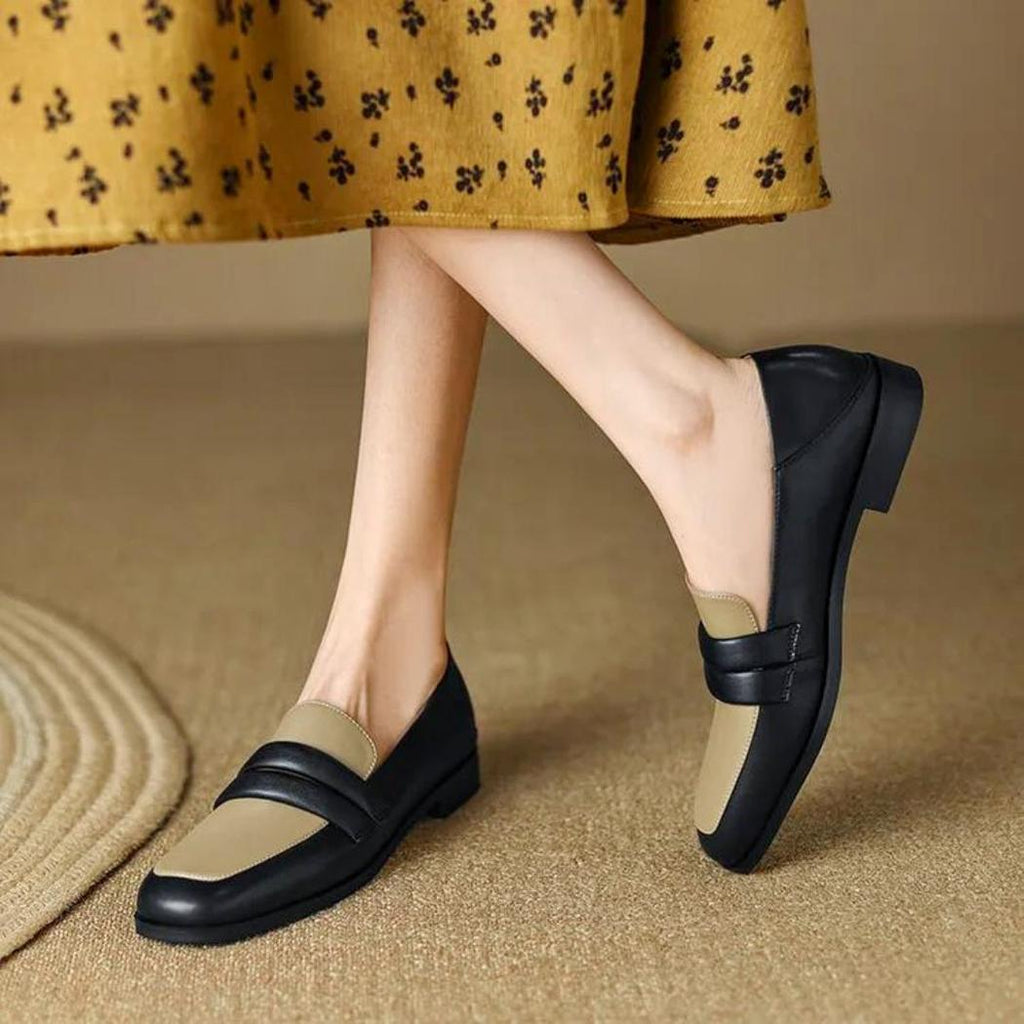 Mocassins bicolores à talon carré en cuir véritable pour femme