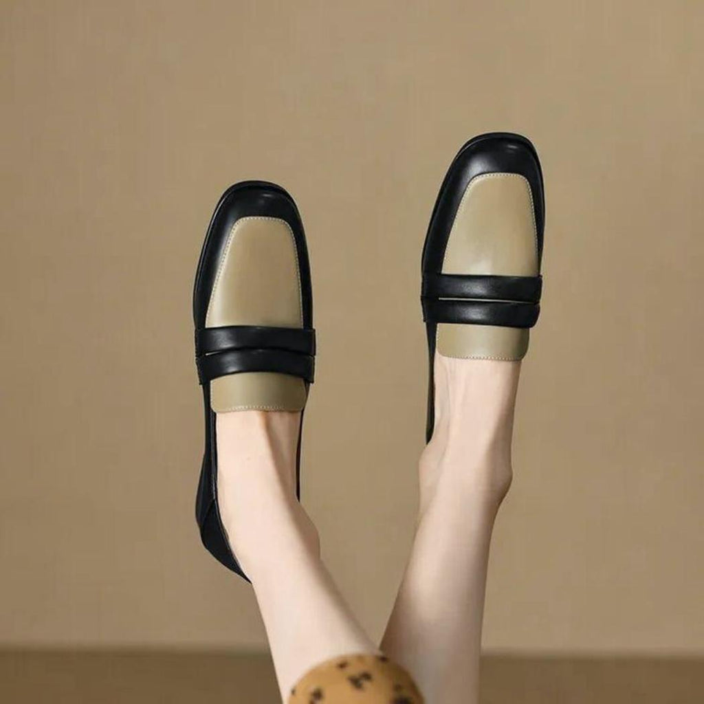 Mocassins bicolores à talon carré en cuir véritable pour femme