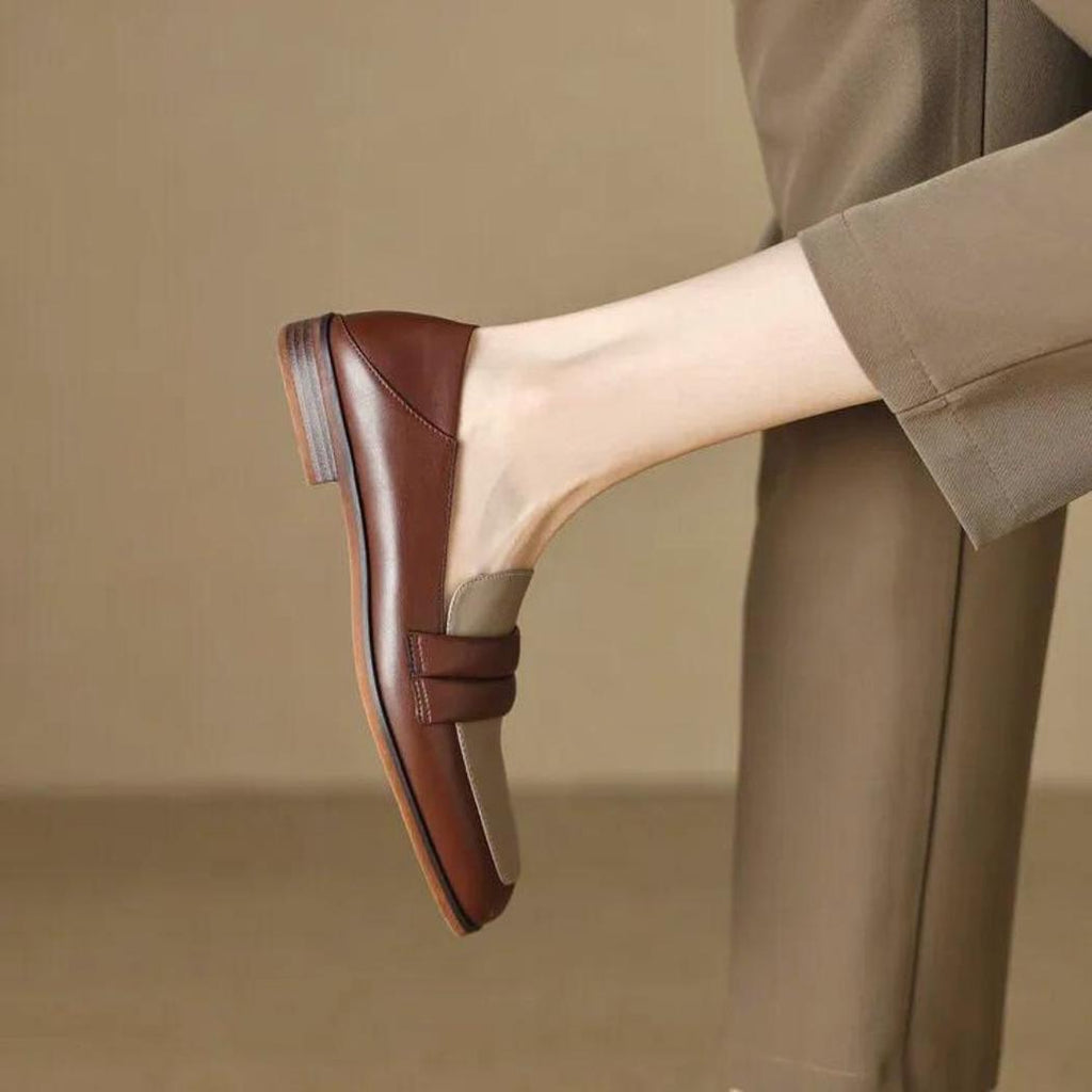 Mocassins bicolores à talon carré en cuir véritable pour femme