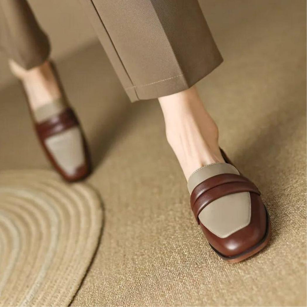 Mocassins bicolores à talon carré en cuir véritable pour femme