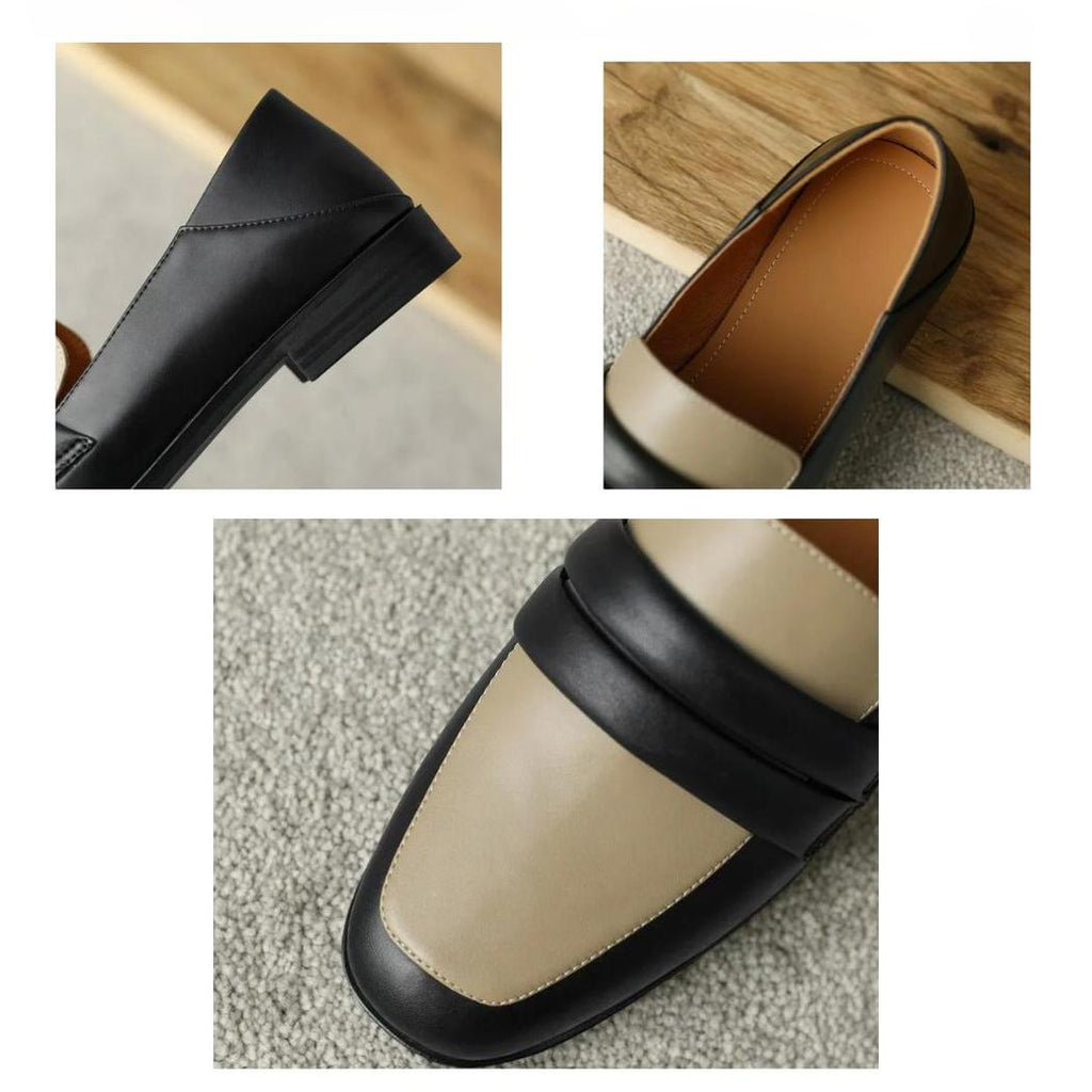 Mocassins bicolores à talon carré en cuir véritable pour femme