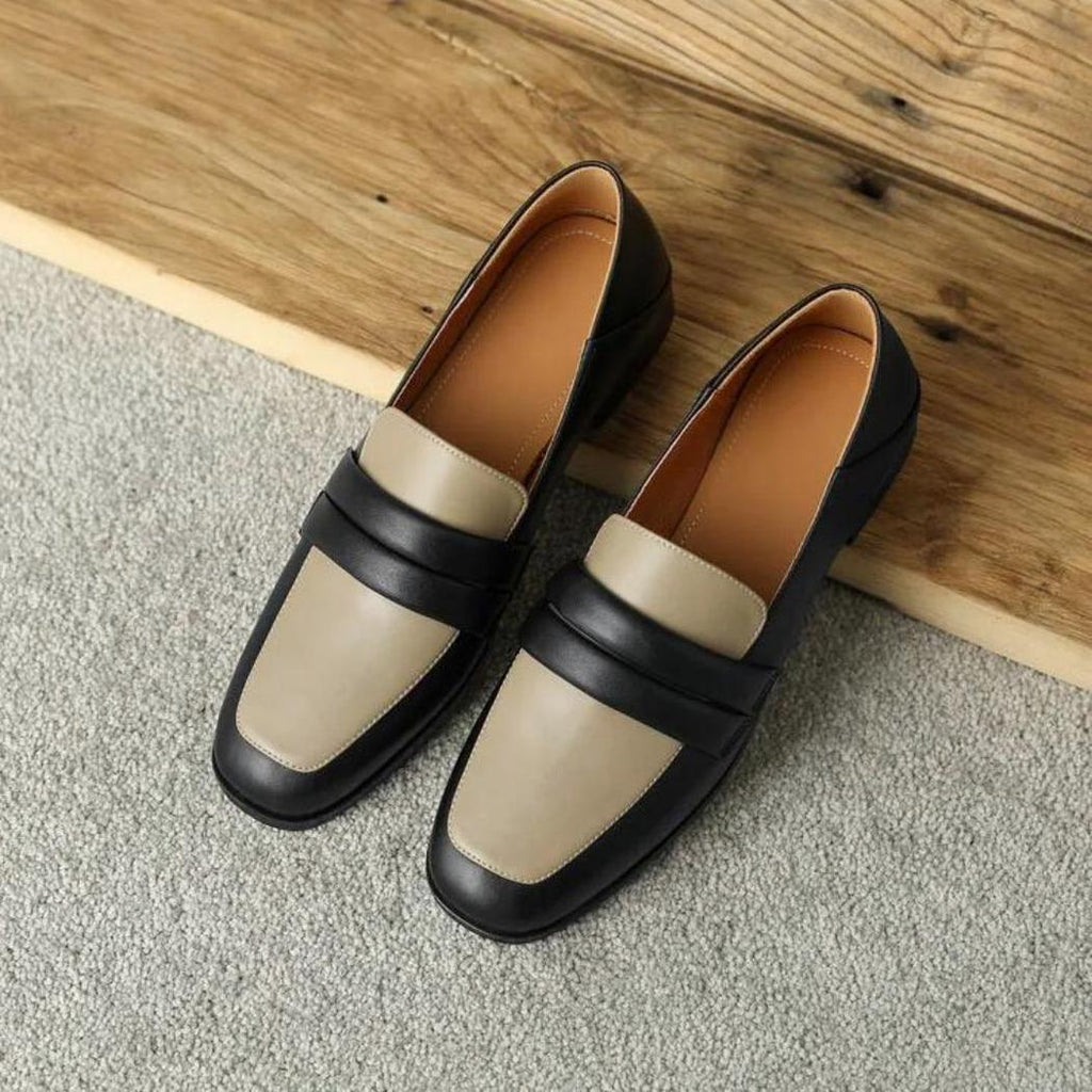 Mocassins bicolores à talon carré en cuir véritable pour femme