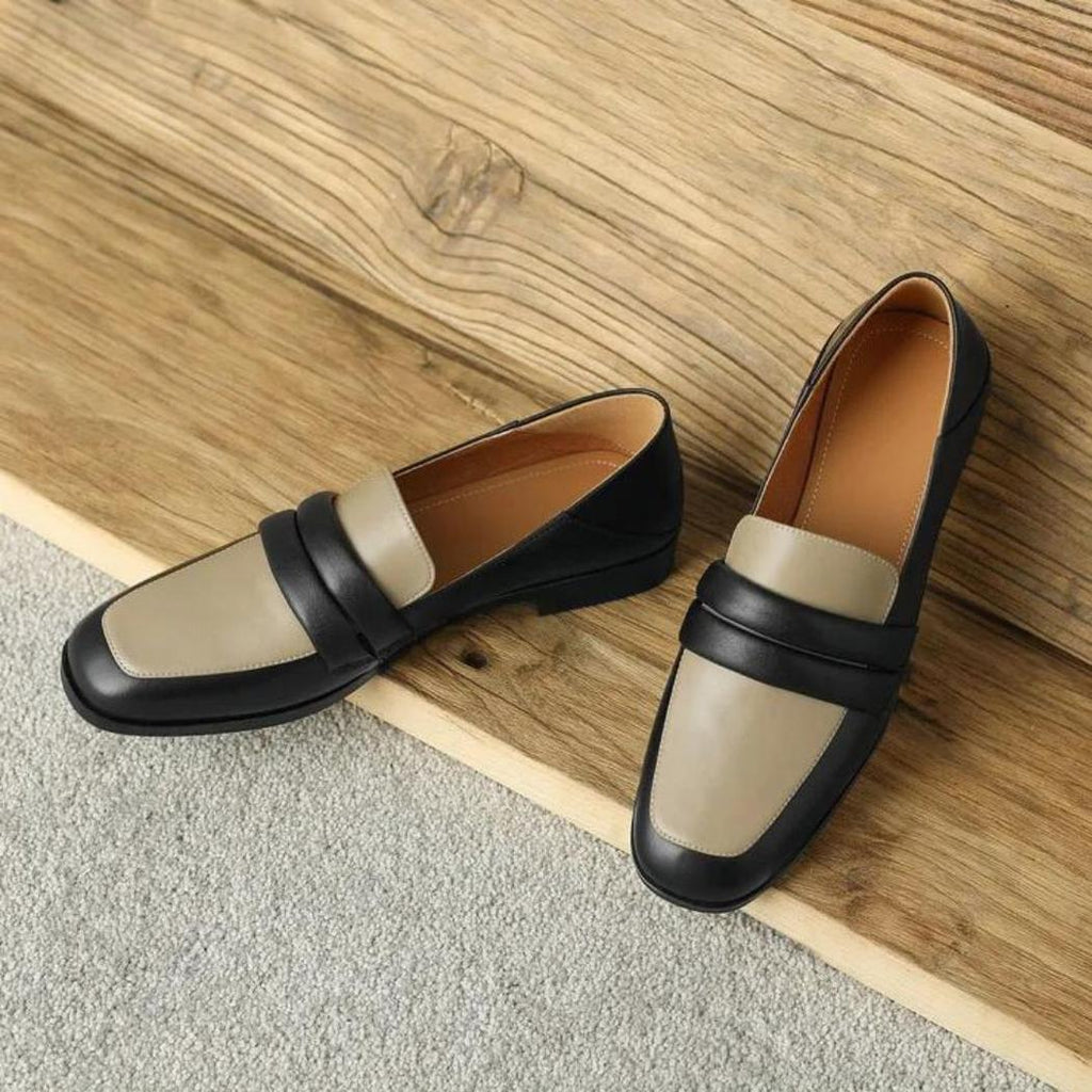 Mocassins bicolores à talon carré en cuir véritable pour femme