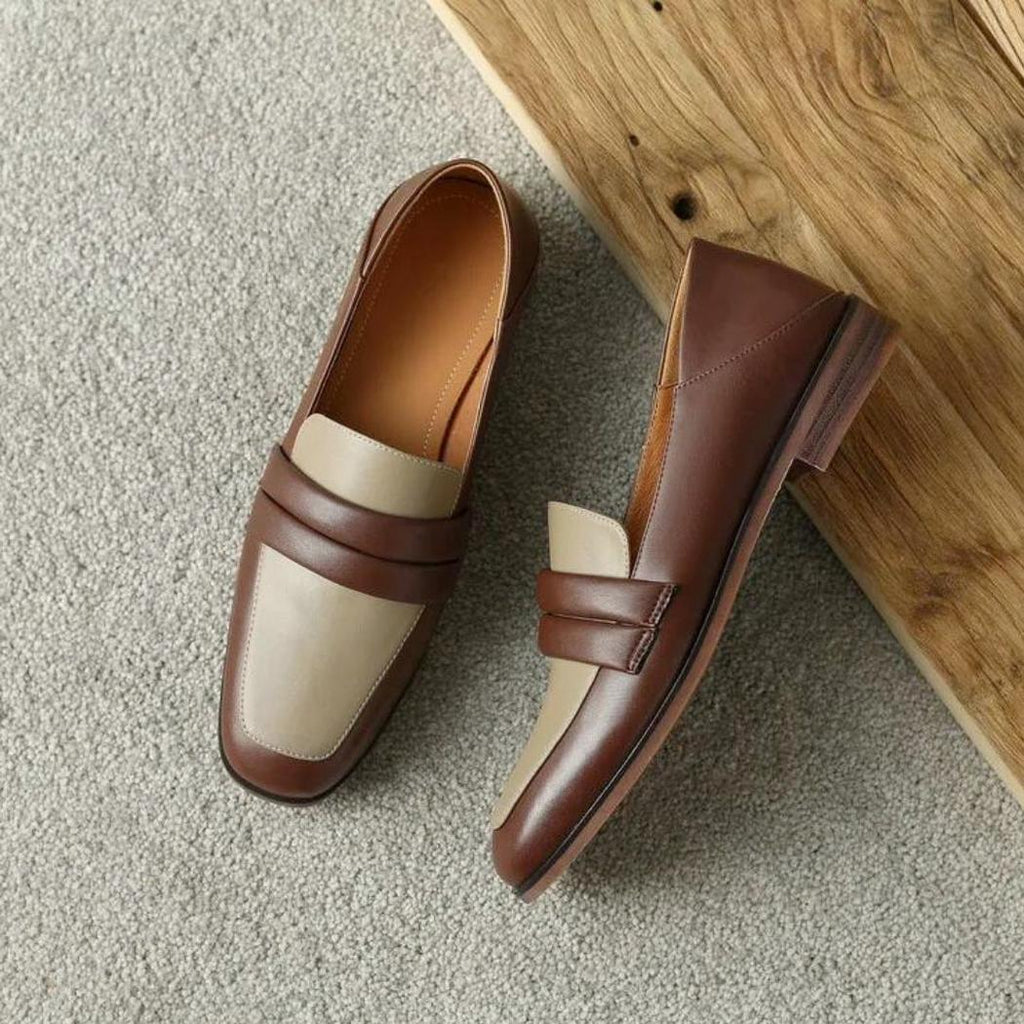 Mocassins bicolores à talon carré en cuir véritable pour femme