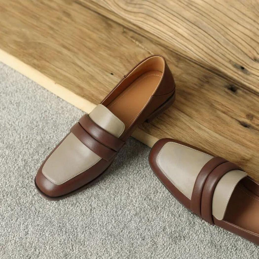 Mocassins bicolores à talon carré en cuir véritable pour femme