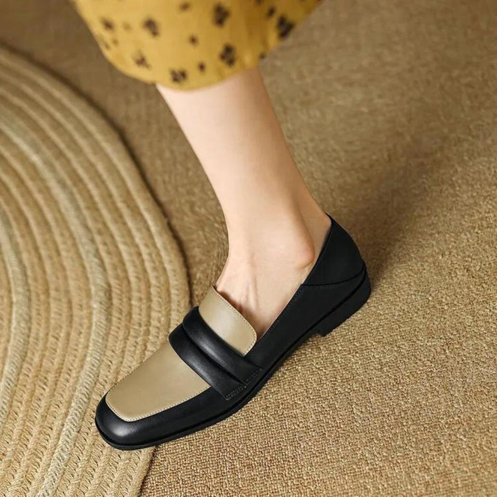 Mocassins bicolores à talon carré en cuir véritable pour femme