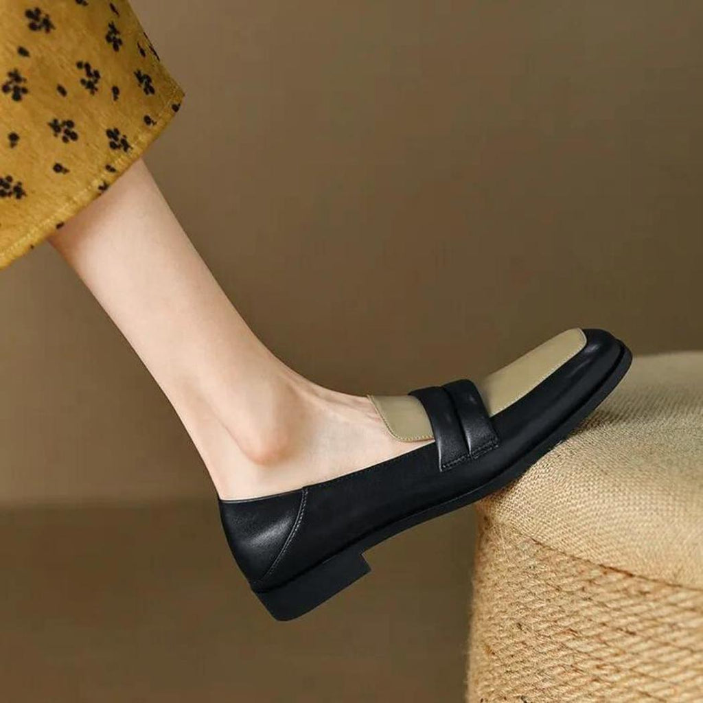 Mocassins bicolores à talon carré en cuir véritable pour femme