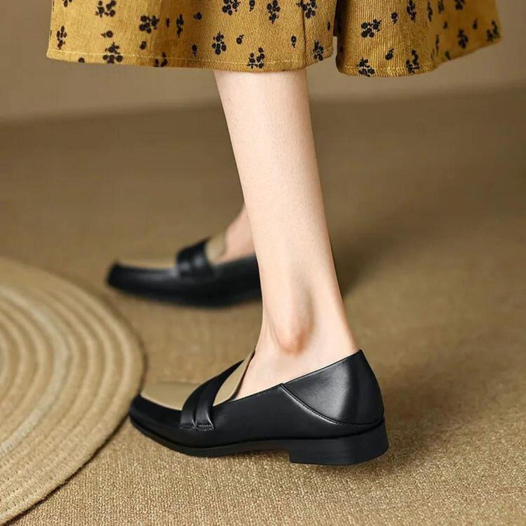 Mocassins bicolores à talon carré en cuir véritable pour femme
